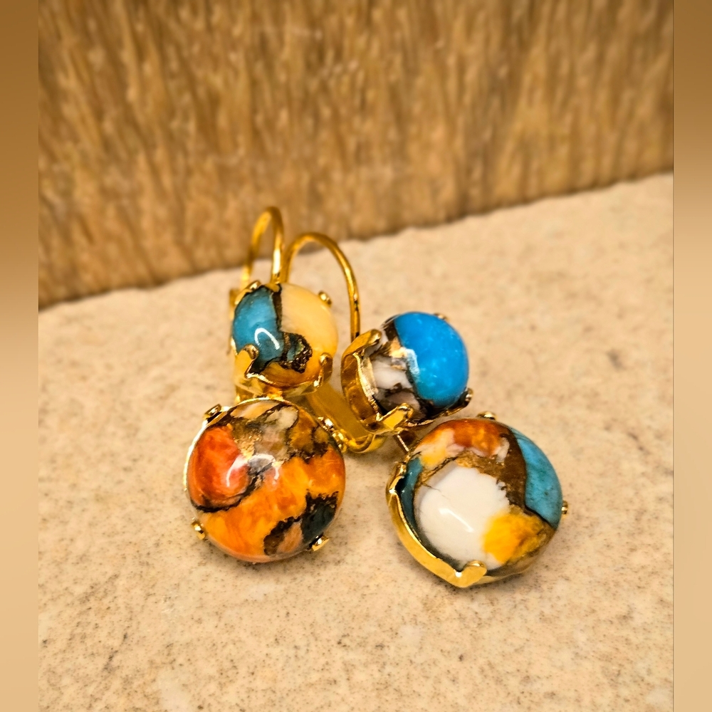 Genuine Oyster Copper Turquoise In Two Stone Setting Gold Plated Earrings